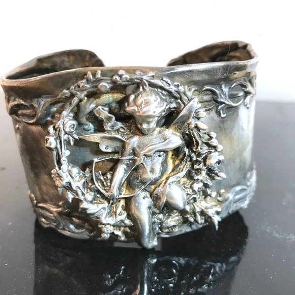 Angel Sterling Silver Cuff Bracelet Repoussé Antique 925 Victorian Wide Floral - Picture 6 of 8